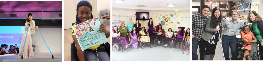 Images of Xian and Give Beauty Wings friends, on a run way, child holding poster, women sitting