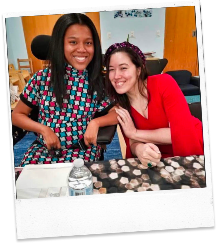 Image of Xian and Give Beauty Wings friends, wearing a red dress